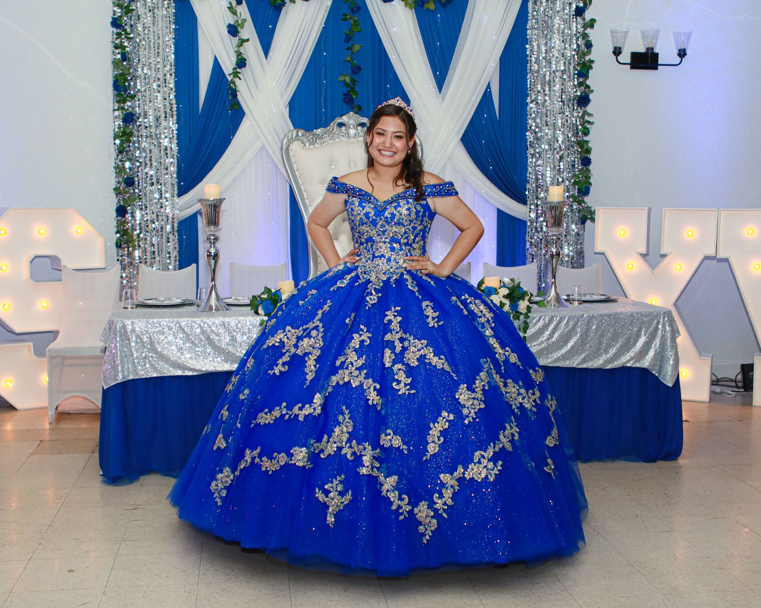 Blue and gold Quinceanera dress