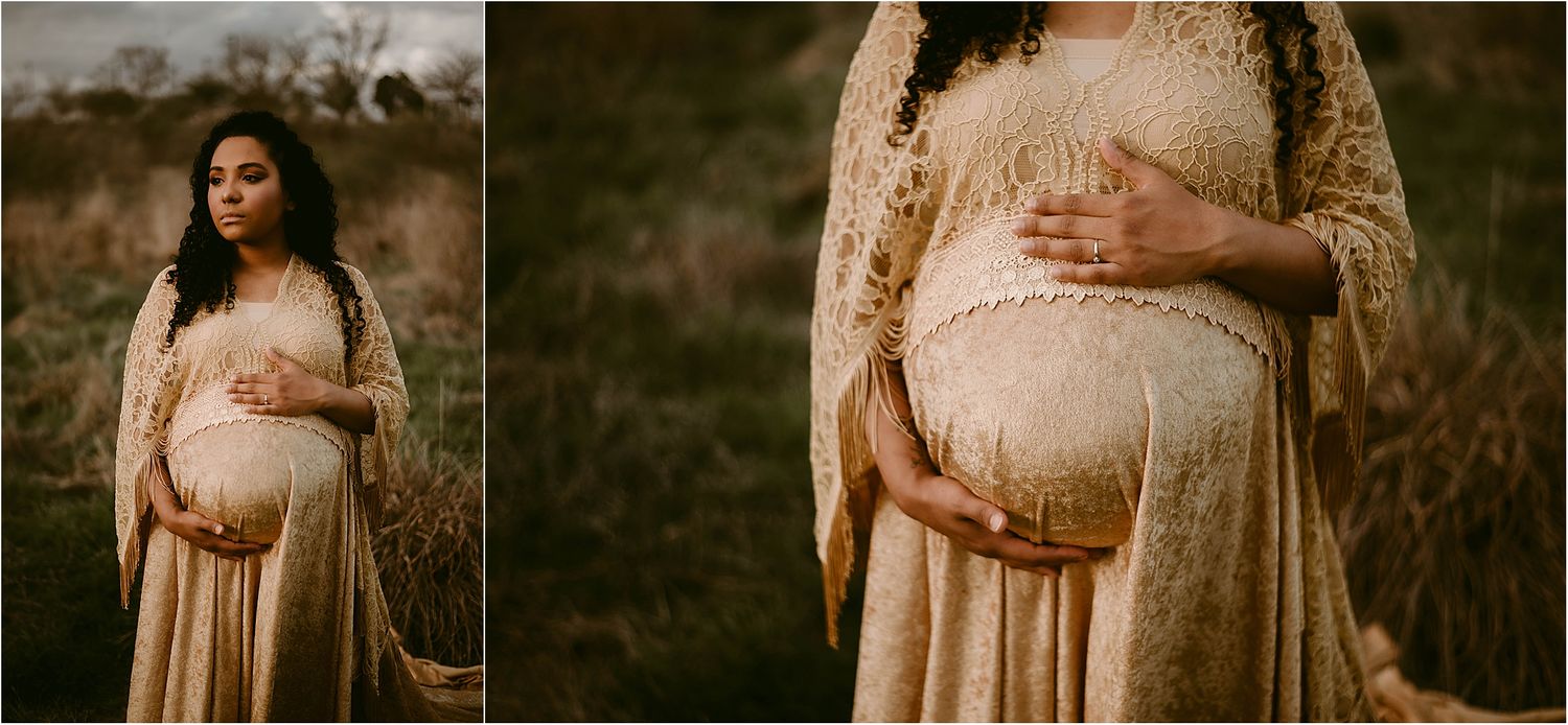 Intimate maternity photography highlighting delicate lace details and natural lighting.