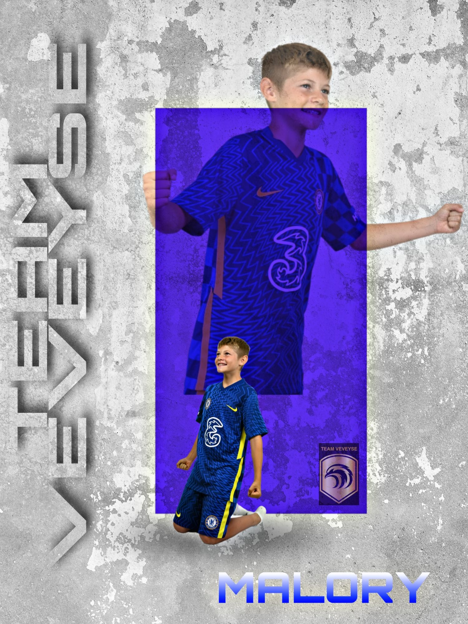 Athletic themed design with blue jersey and text elements on textured background.