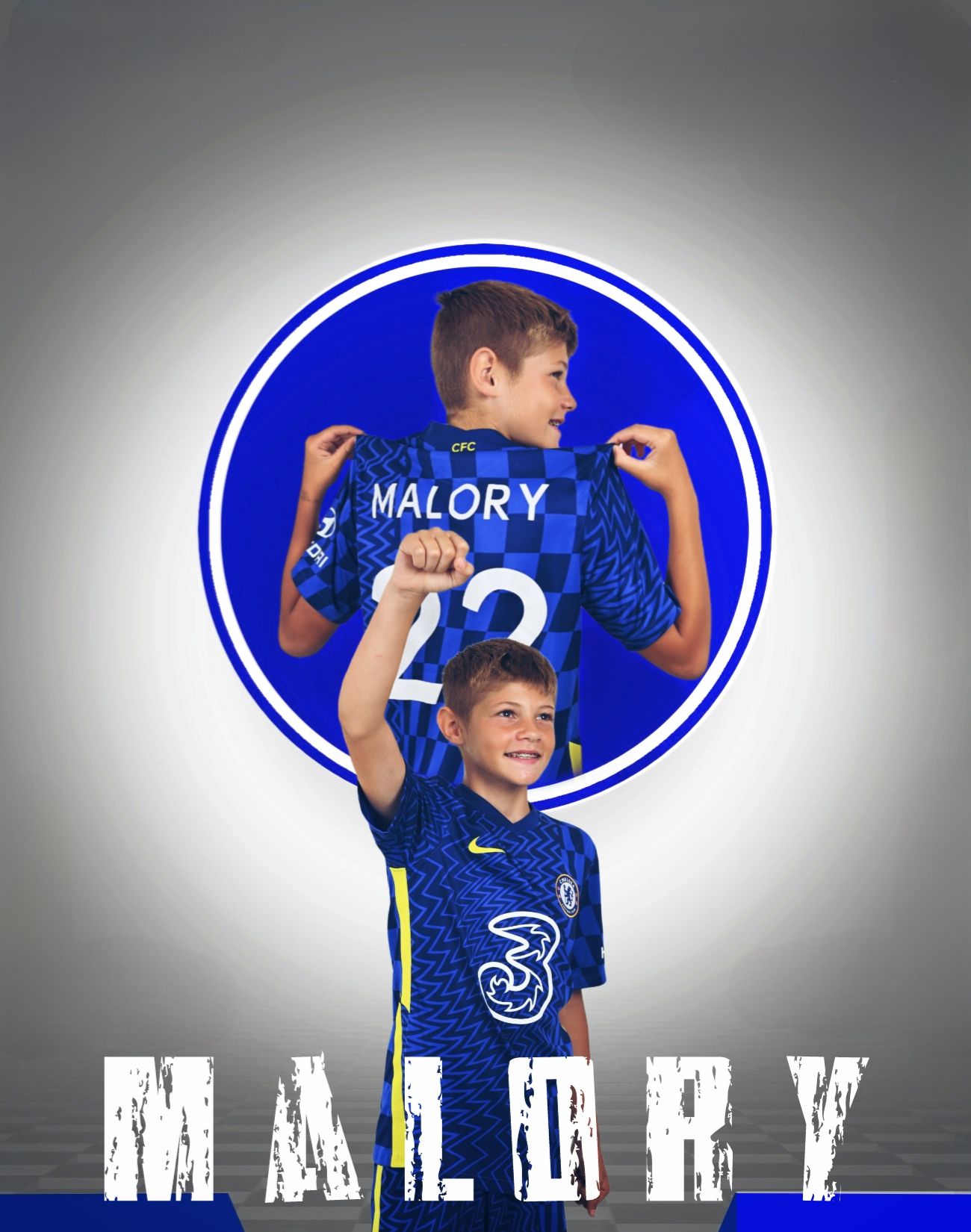Sports themed collage with blue jerseys and text overlay against gradient background.