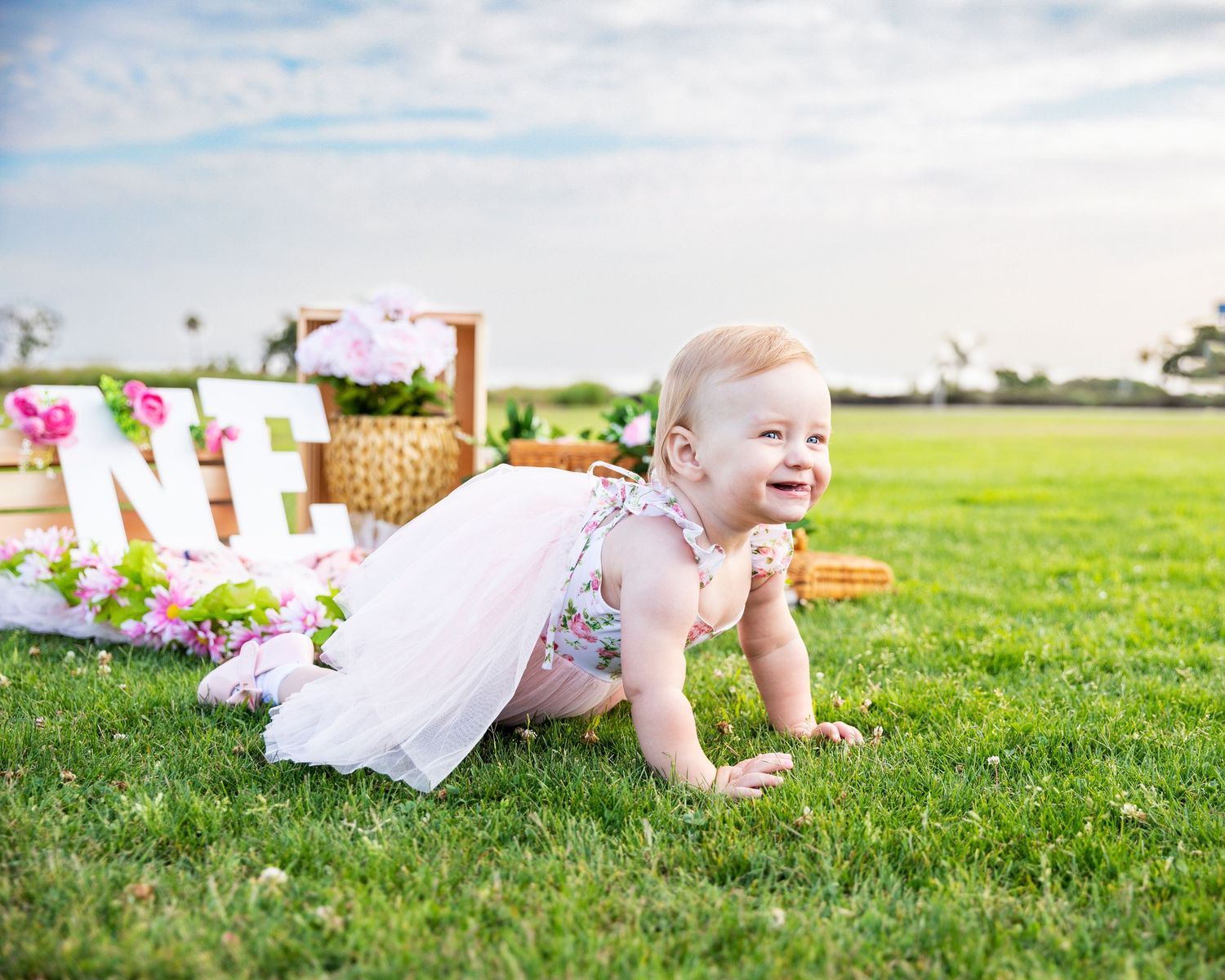 birthday photoshoot with Birthday portrait of little girl crawling on grass