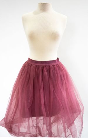 Burgundy tulle skirt on cream-colored dress form against white background.
