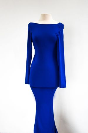 A form-fitting royal blue long sleeve gown with boat neckline and mermaid silhouette.