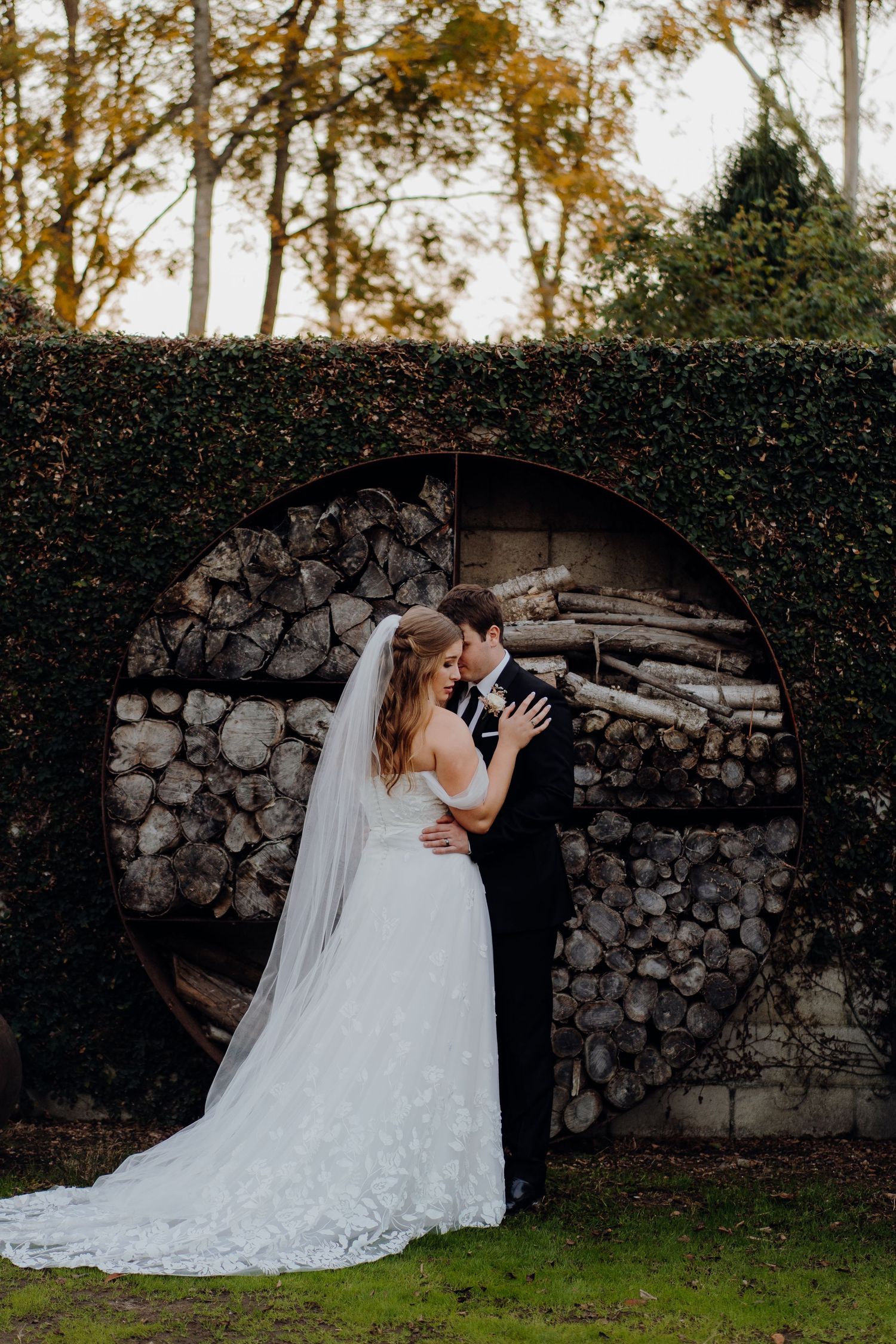 bride and groom embracing