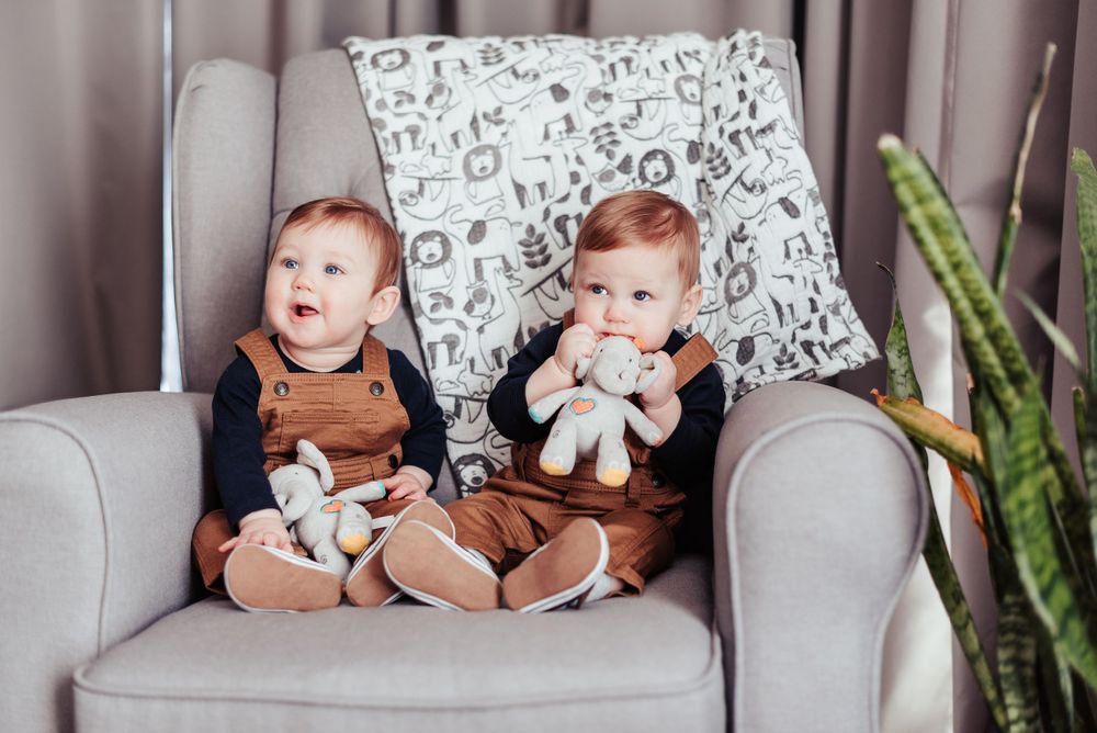 twin boys posing for 6 month photo session in indiana