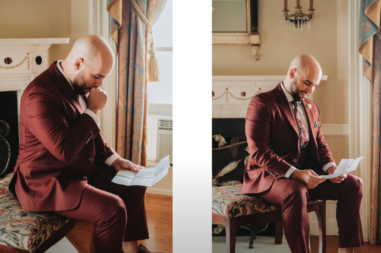 Person in burgundy suit reading documents while seated in an elegant interior setting.