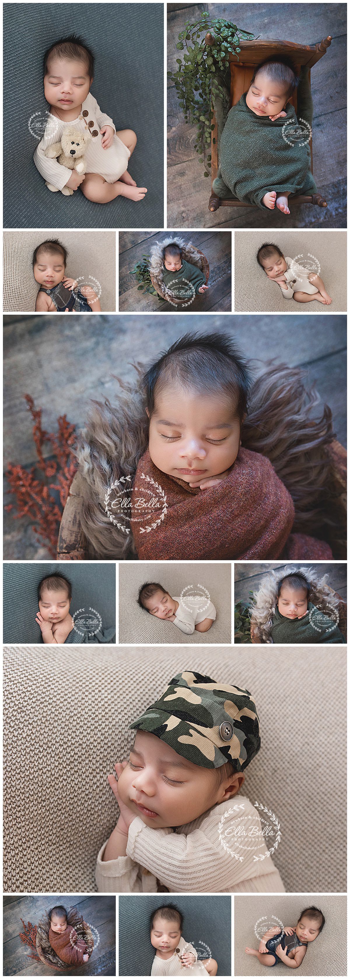 Artistic newborn photo collage with soft wraps and natural props in muted earth tones.