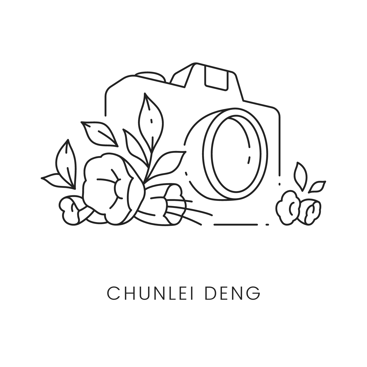 Black and white photography logo with camera and floral design elements.