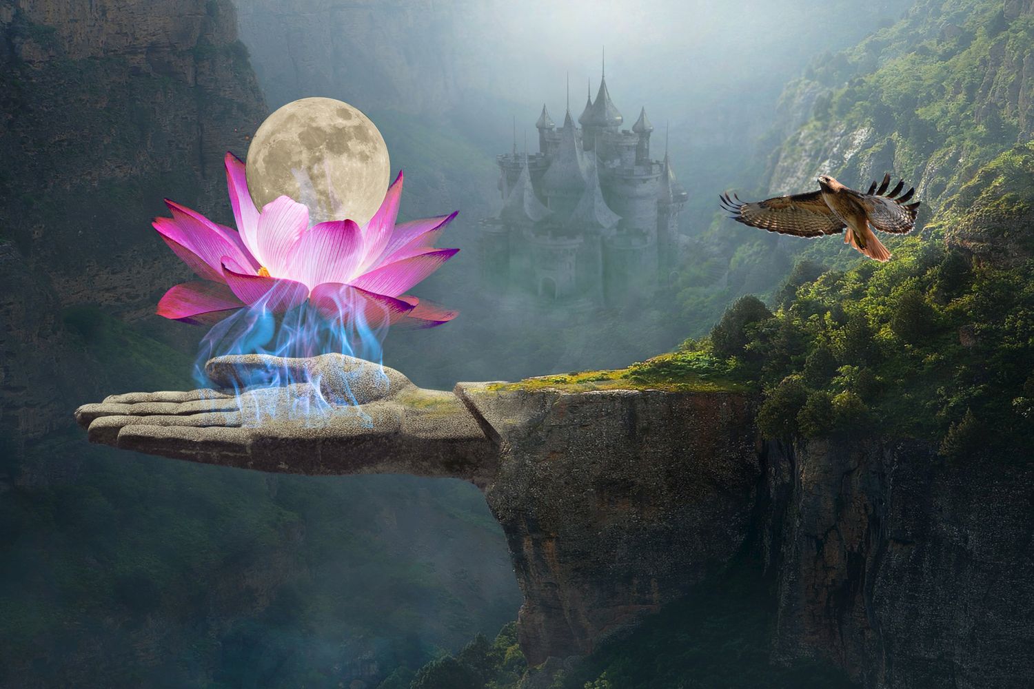 full moon inside of a lotus blossom, held by a stone sculpture hand and blue flame