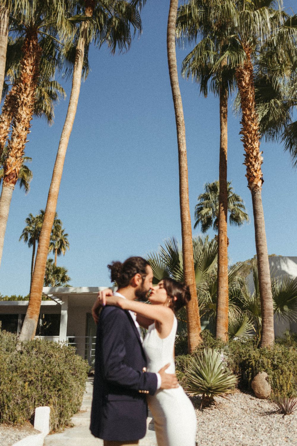 couple in black suit and white dress in palm springs kissing with palm trees