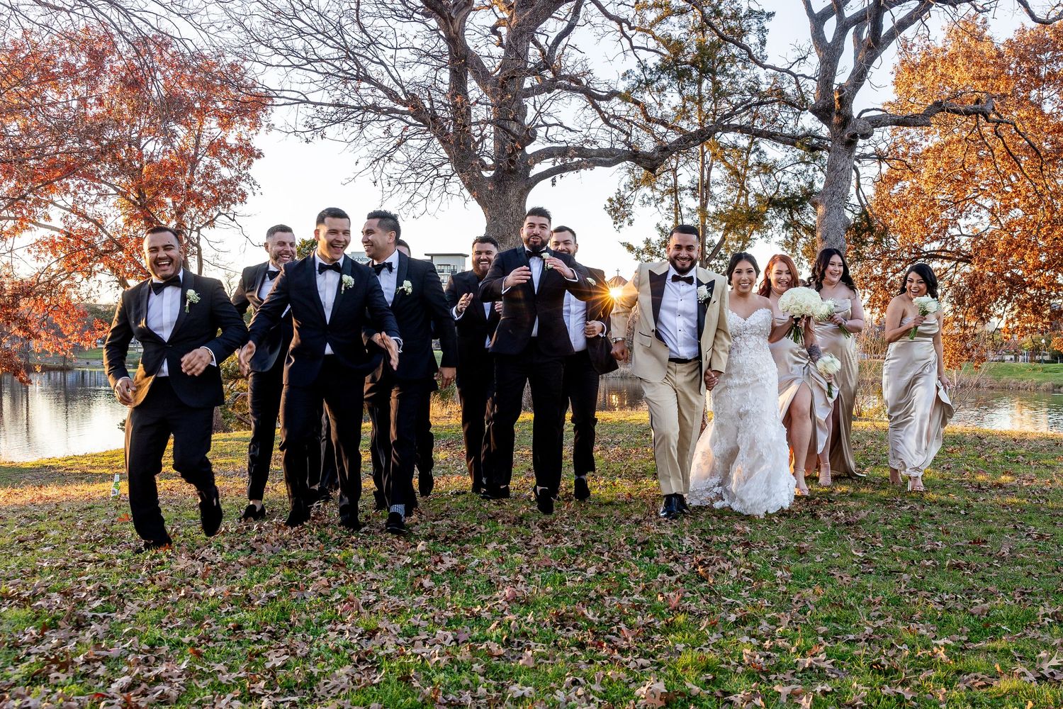 Bridal Party running towards the camera for a fun photo