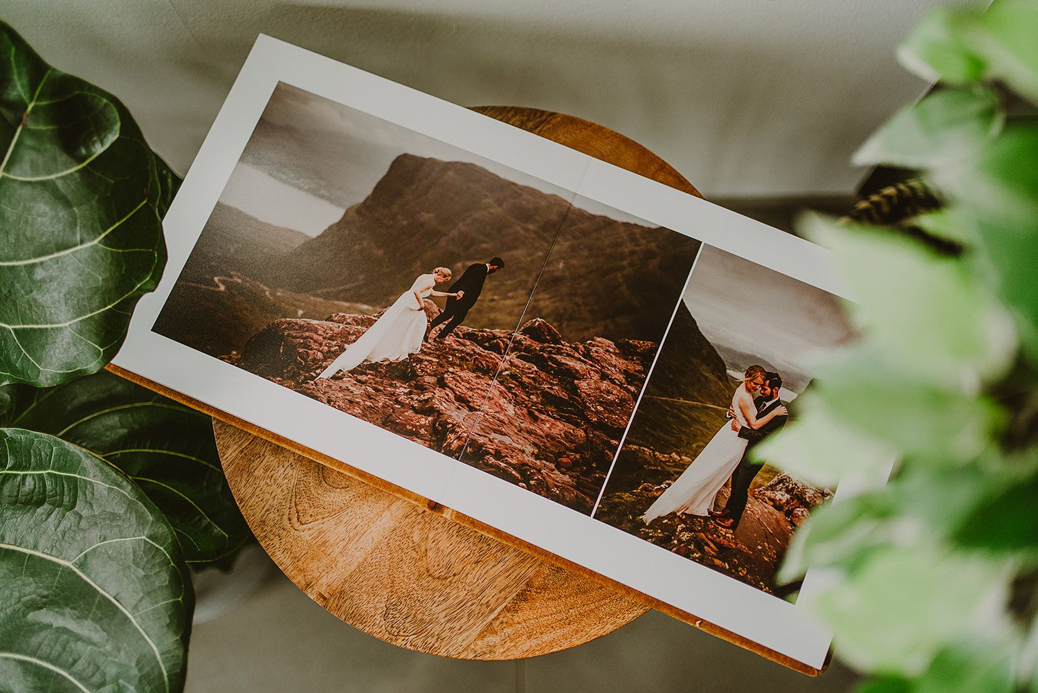 Wedding photographs displayed on wooden surface surrounded by green monstera leaves.