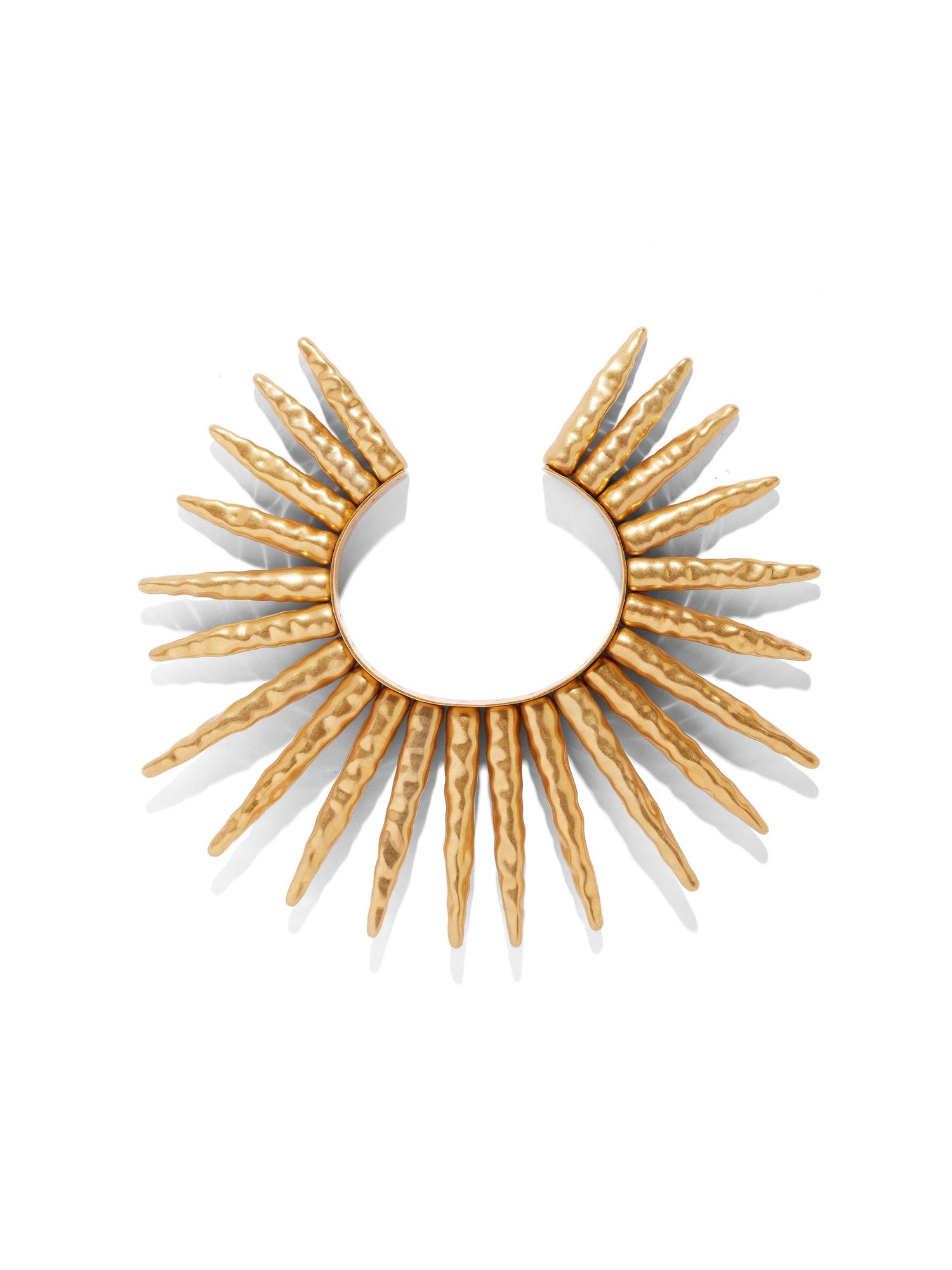 Gold sunburst statement necklace with radiating spikes in a dramatic collar design.