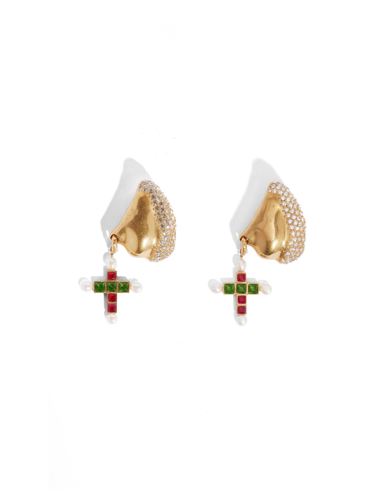 Gold earrings with small crosses decorated with red and green gemstones.