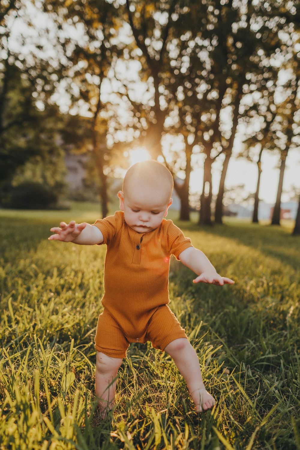 Small child in orange romper stands in golden sunlit field.