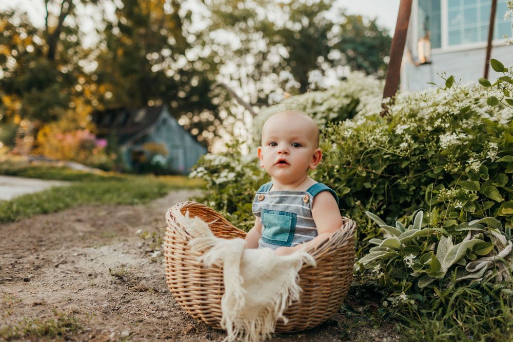 Baby sits in wicker basket with white blanket near garden path.