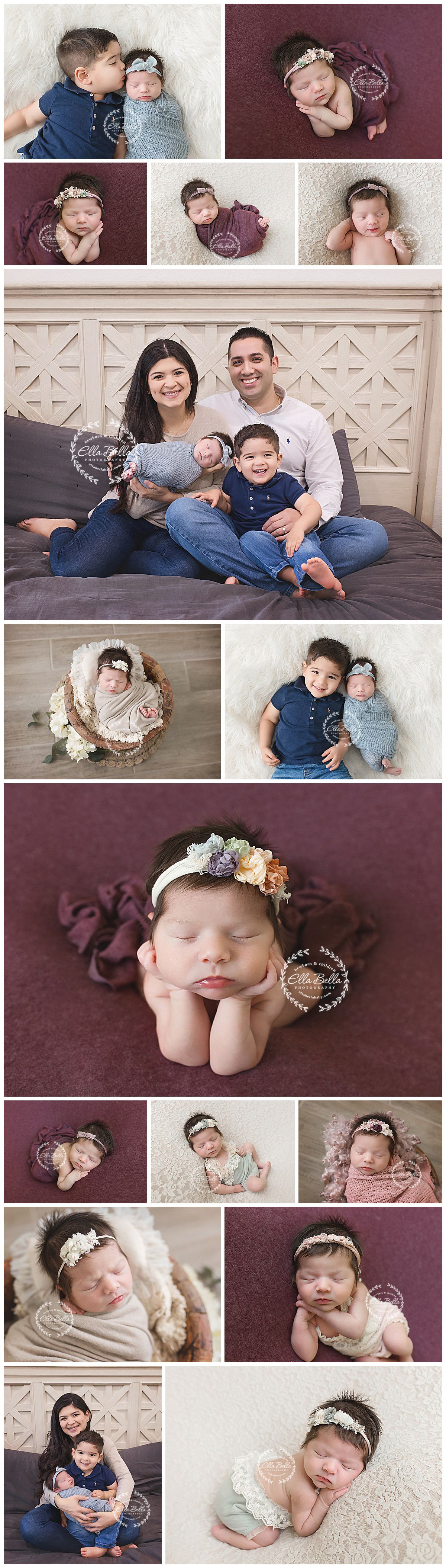 Professional family photo session with newborn baby featuring burgundy and cream color scheme.