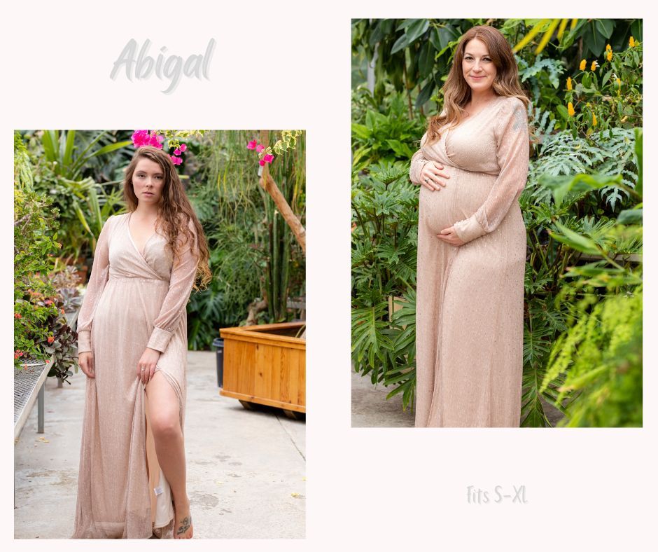 Flowing champagne colored maternity gown with thigh slit in garden setting.
