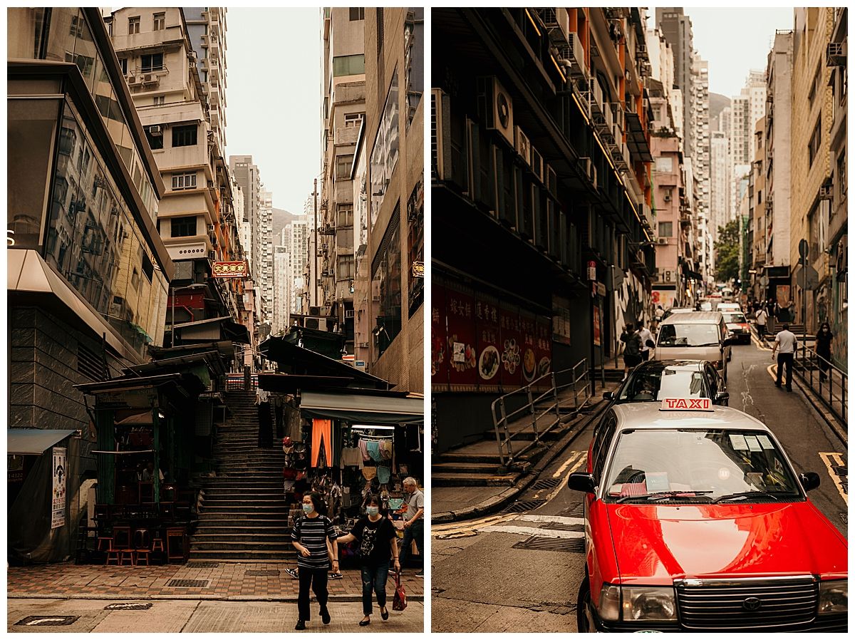 Narrow Hong Kong street scenes with traditional architecture and red taxi.