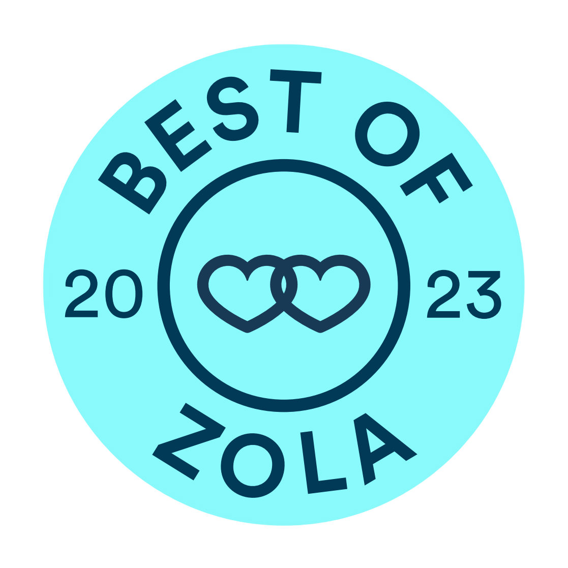 Light blue circular badge with interlocking hearts and text 'Best of Zola 2023'.