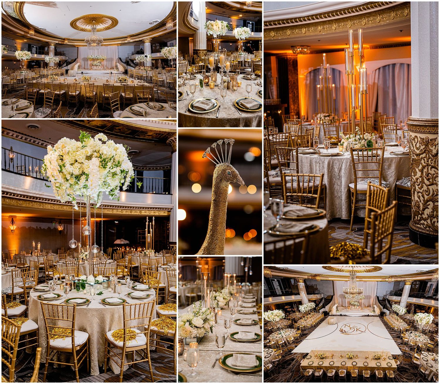 Luxurious wedding reception venue with elegant table settings, crystal chandeliers and white floral centerpieces.