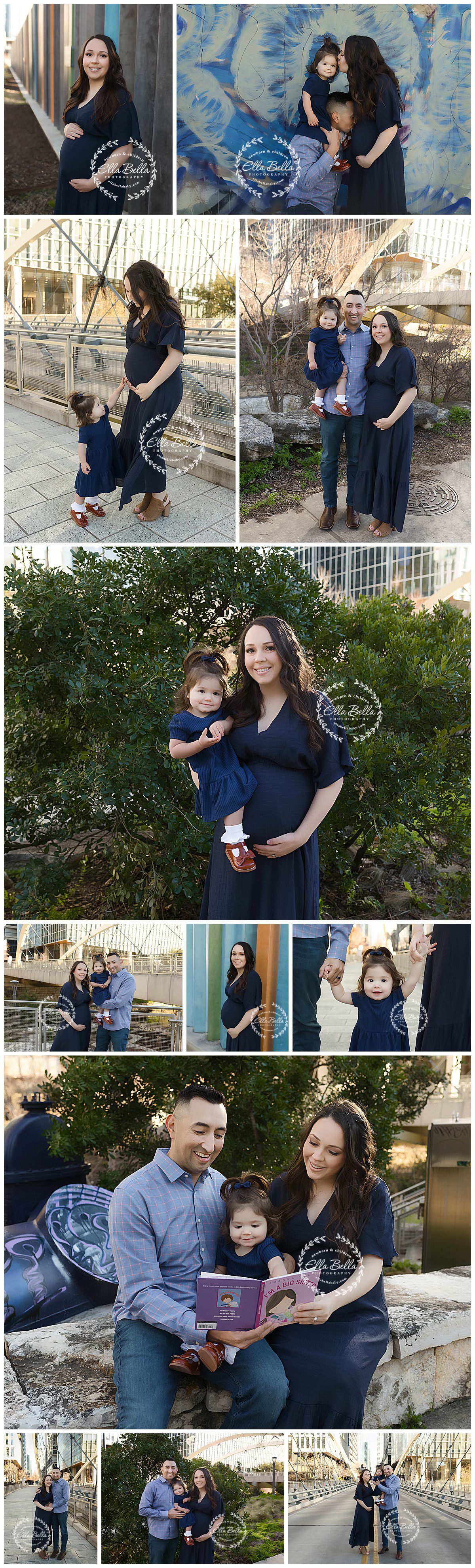 Collection of maternity photos featuring a family in navy blue outfits against urban backdrops.