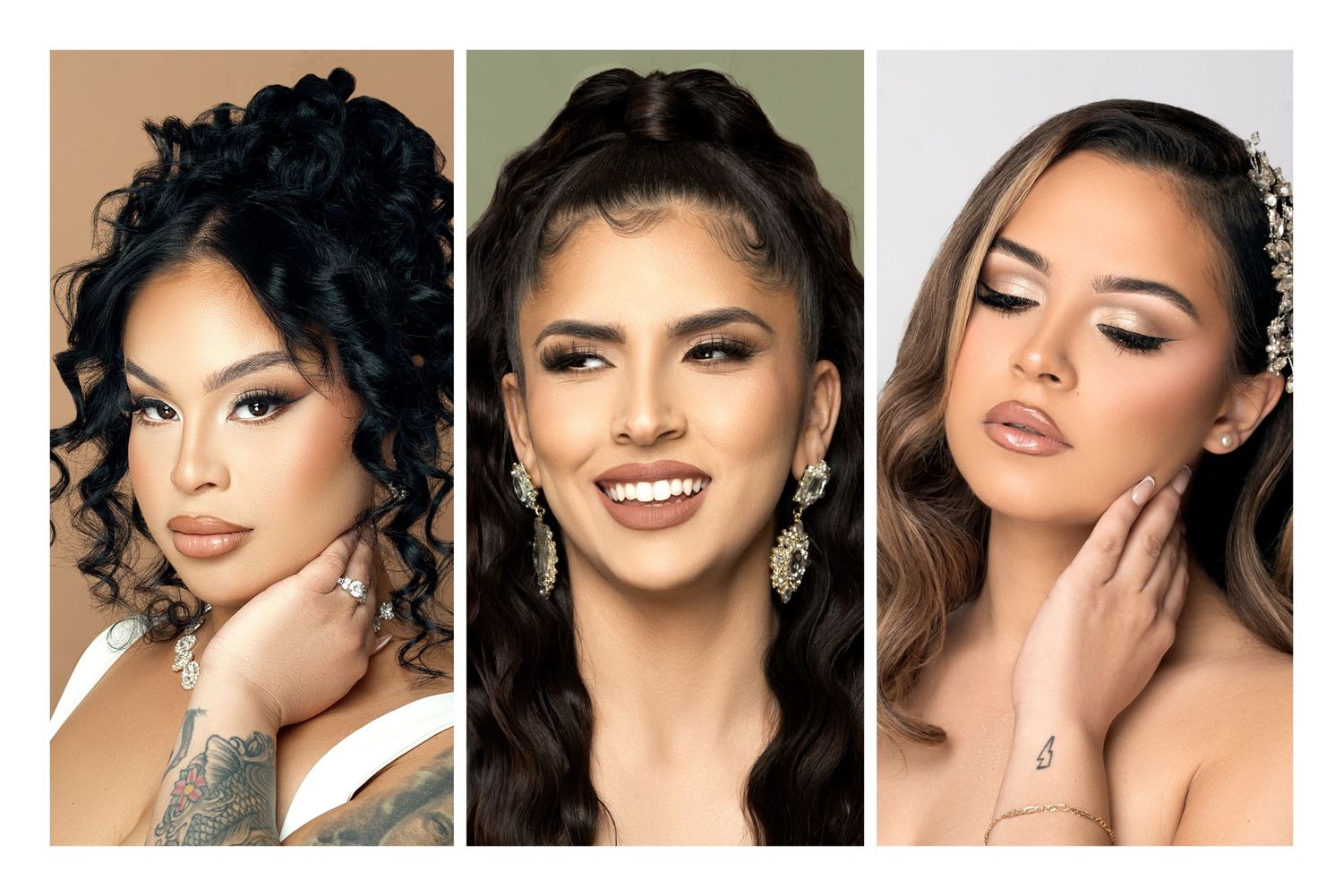 Three glamorous beauty portraits featuring elegant makeup and jewelry.