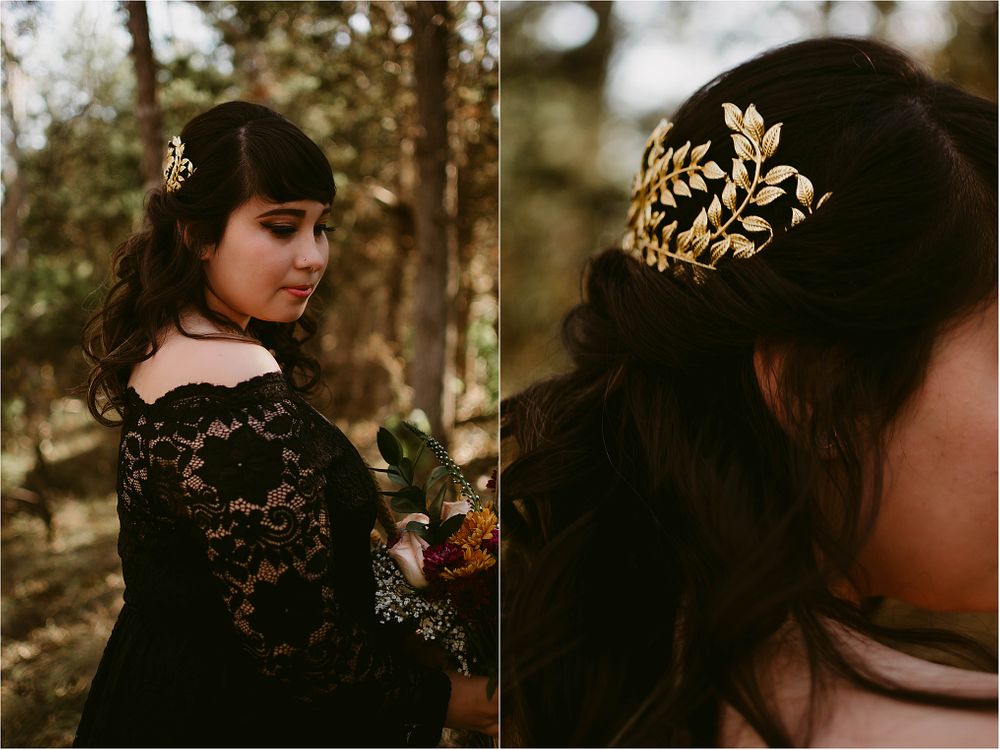 Side views showcasing intricate gold hairpiece and black lace dress details.