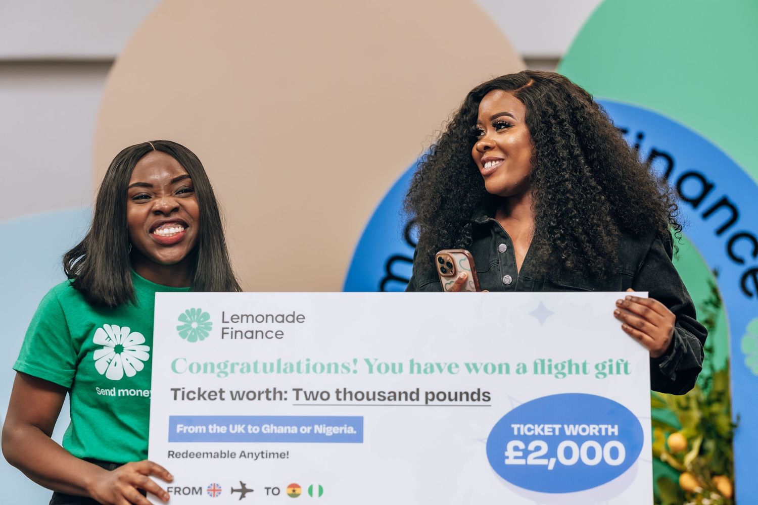 Two people celebrating with a winning flight ticket prize worth 2000 pounds.