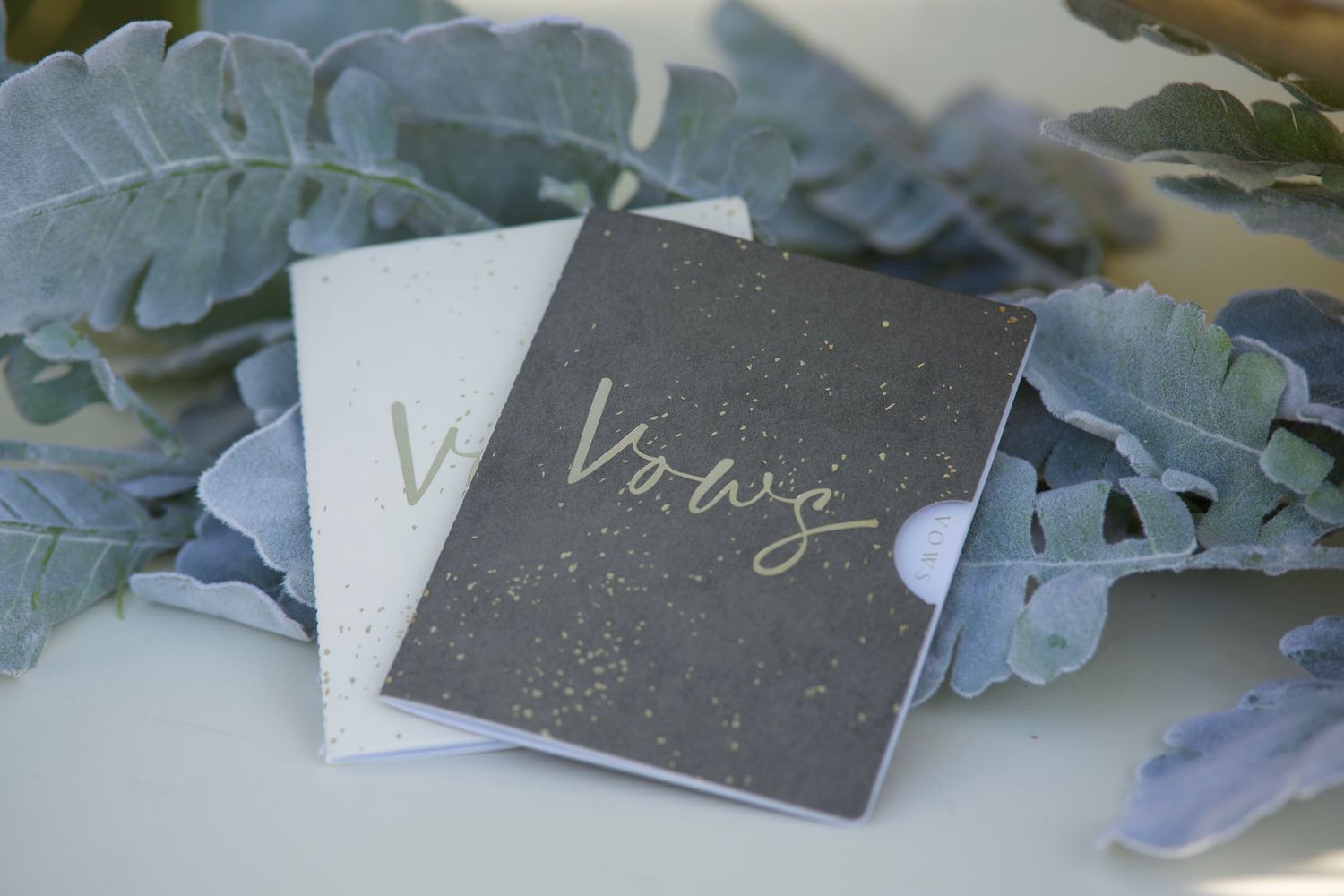 Wedding vow books labeled 'Vows' with dusty blue leaves as decoration.