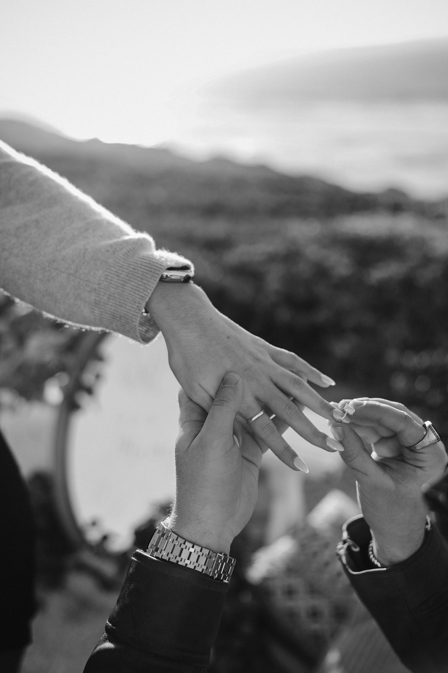 Black and white close-up of hands during a ring exchange moment outdoors.