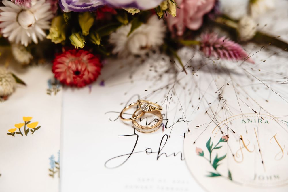 Elegant wedding stationery with floral designs and calligraphy details.