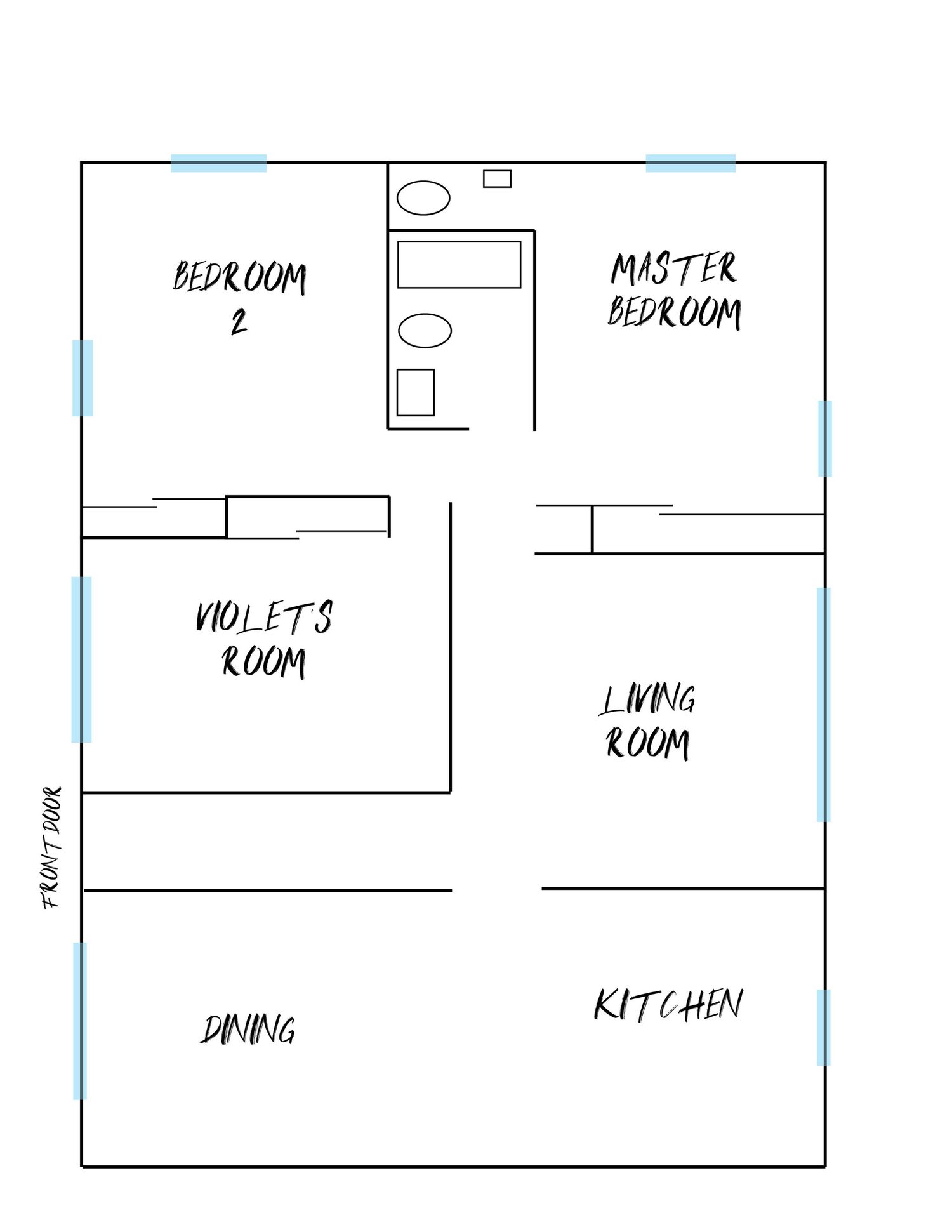 Simple floor plan sketch showing layout of bedrooms, living room, dining room and kitchen areas.