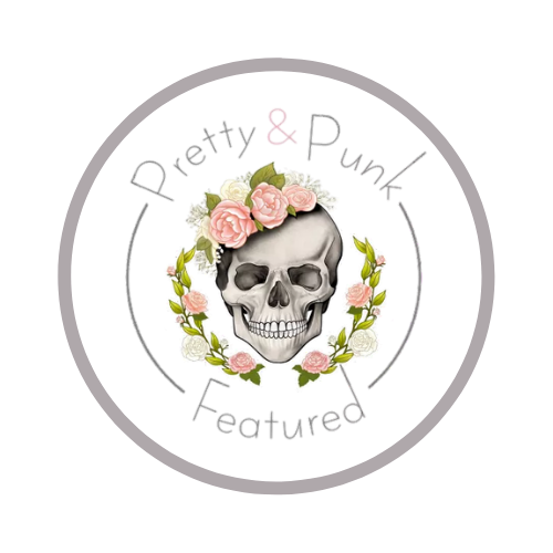 Decorative skull logos with floral accents in gray circular frames. pretty and punk. Worcestershire Wedding photographer.