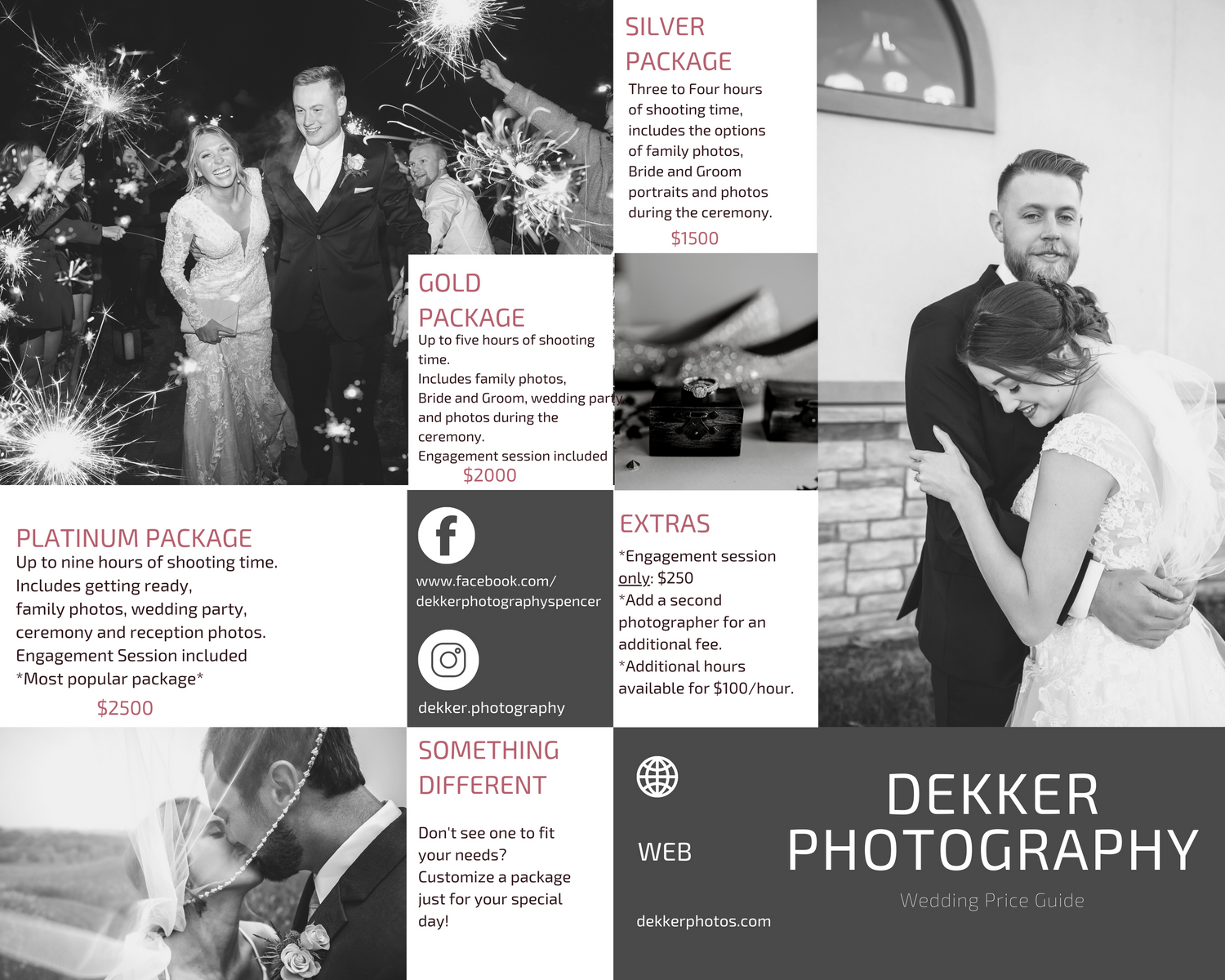 Wedding photography pricing and packages promotional layout with portfolio images.