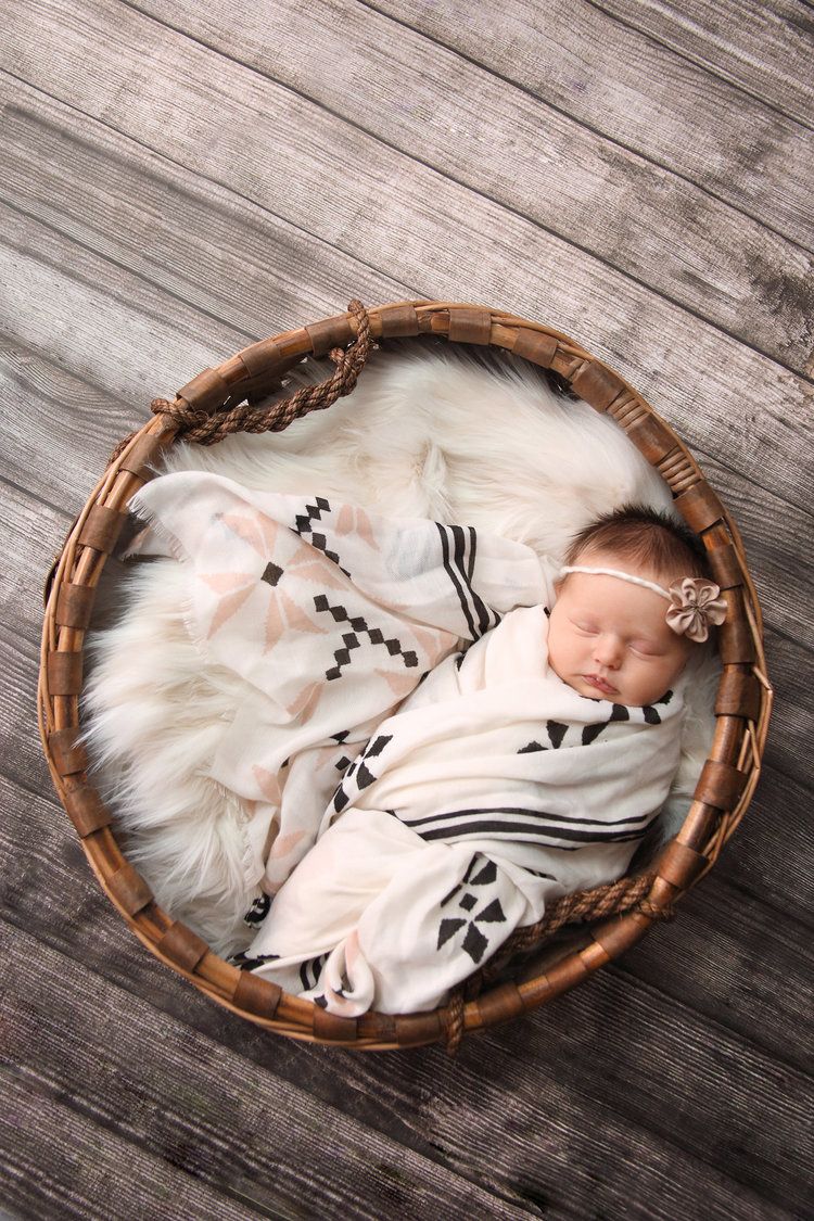 Newborn baby cradled in basket during newborn studio session.