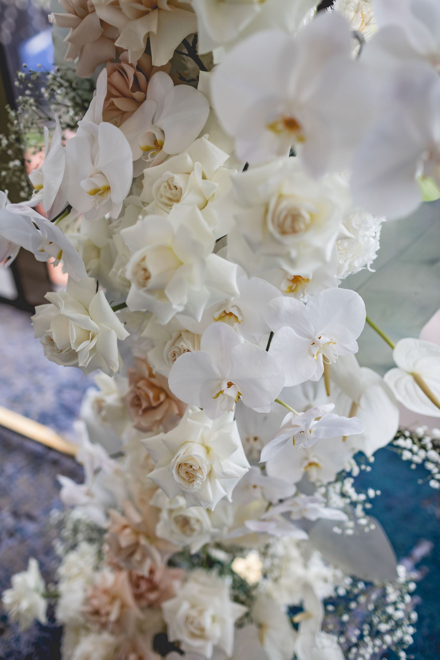 Detailed view of white orchids and roses with baby's breath in wedding floral arrangement.