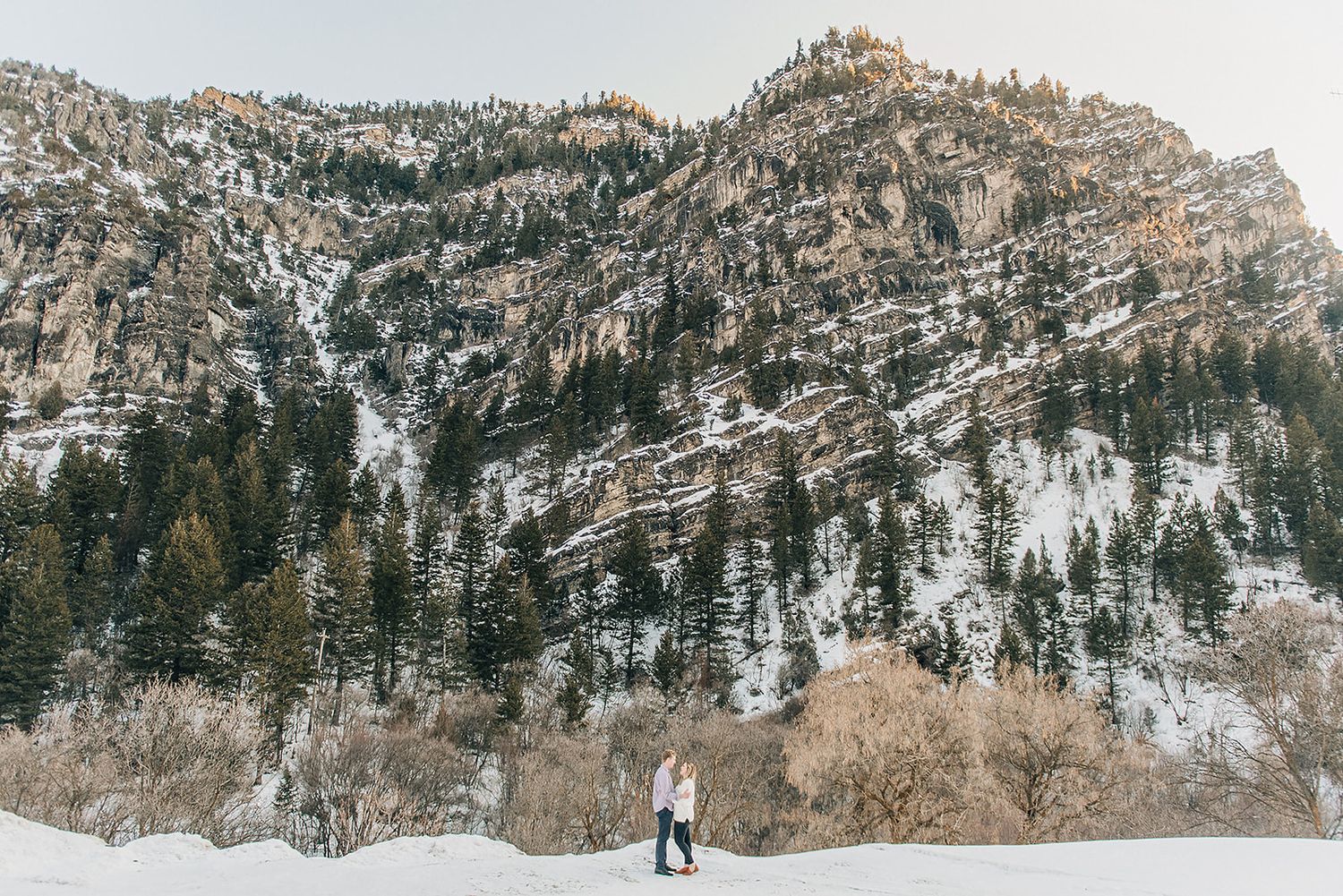 A snowy mountain landscape with towering cliffs and pine trees creating a dramatic winter scene.