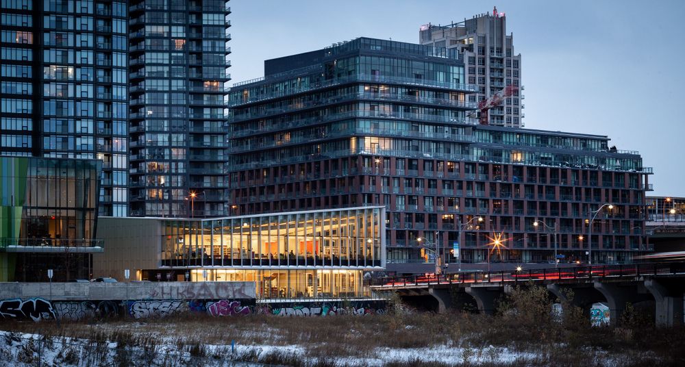 Dusk architectural photograph of a library in Toronto