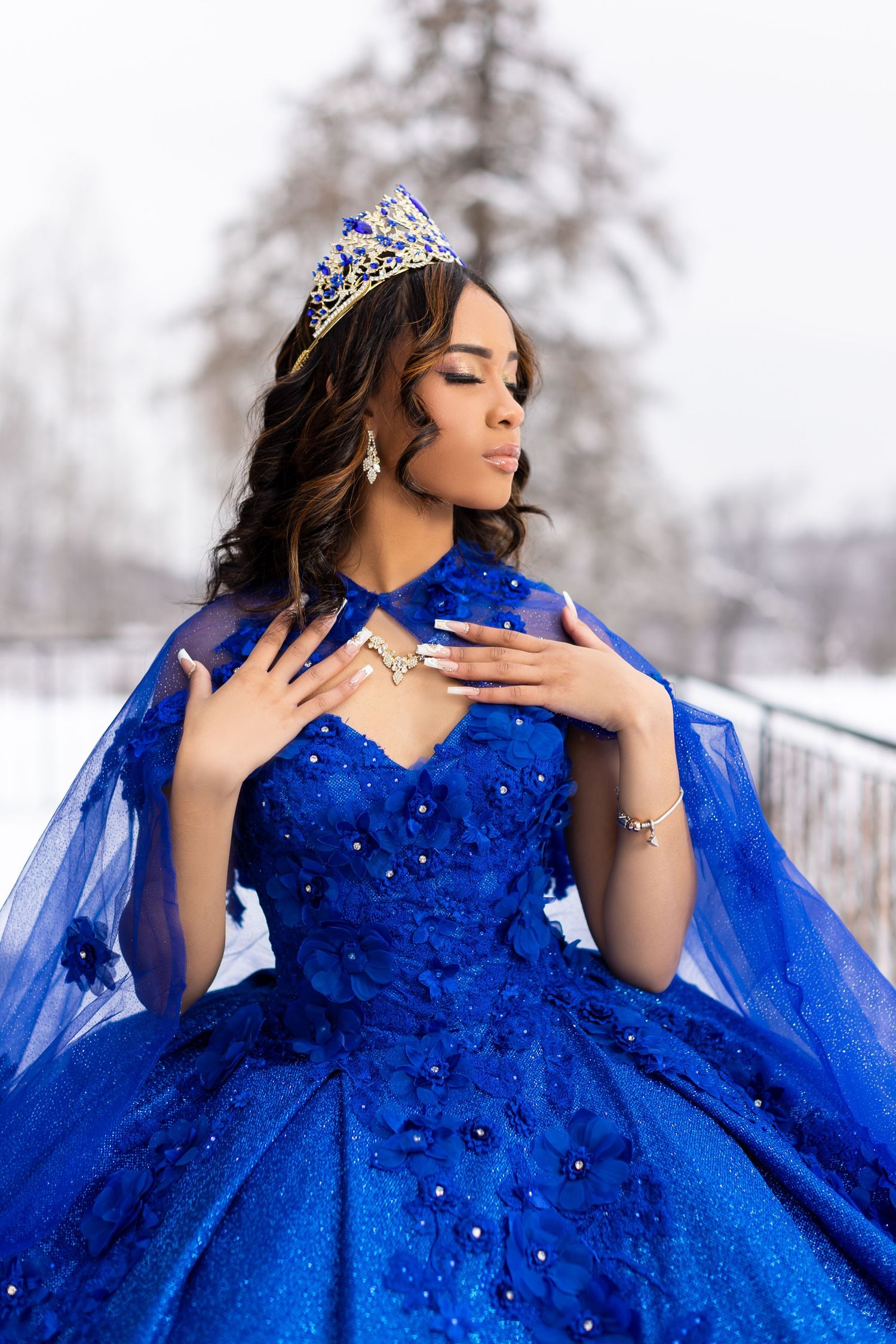 Sapphire blue princess ball gown with crystal tiara in winter snow scene.
