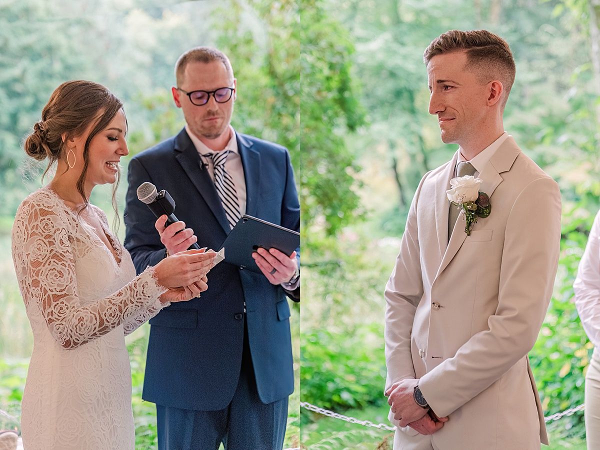 Wedding photographer captures vow reading during ceremony with emotional groom