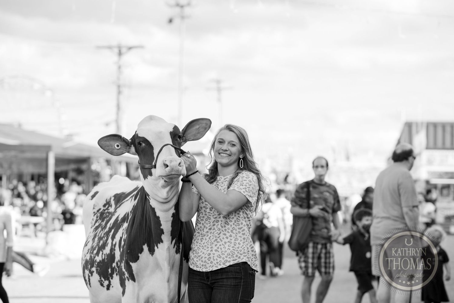A black and white photo shows a dairy cow being handled at a busy fairground.