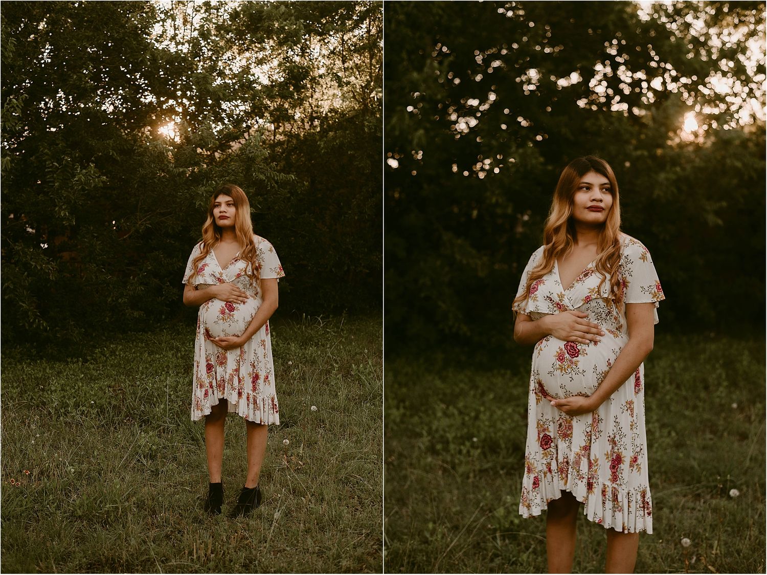 Golden hour maternity photos in a grassy field wearing a romantic floral dress.
