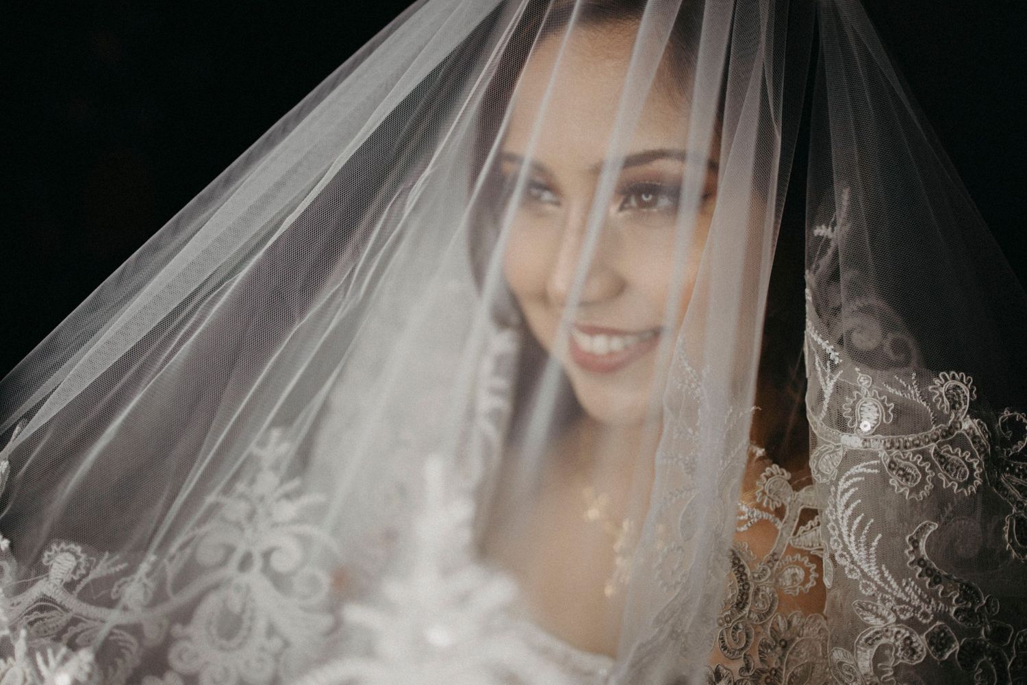 Romantic wedding photography with flowing white veil and delicate lace details.