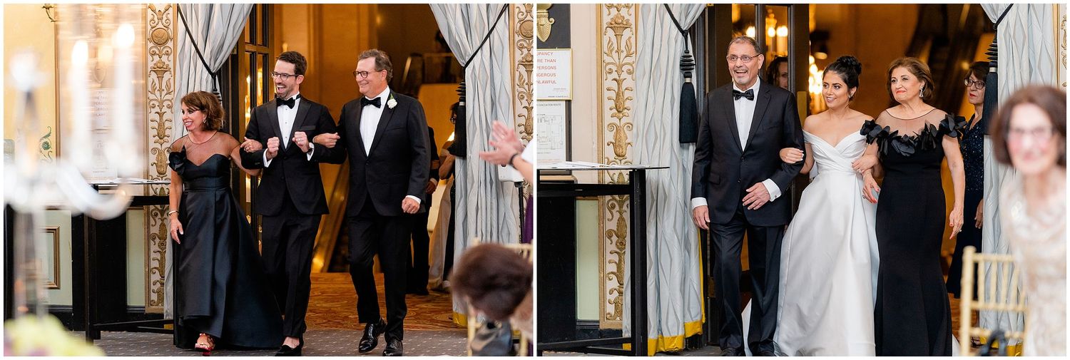 Formal wedding party entrance into an ornate ballroom with elegant drapery.