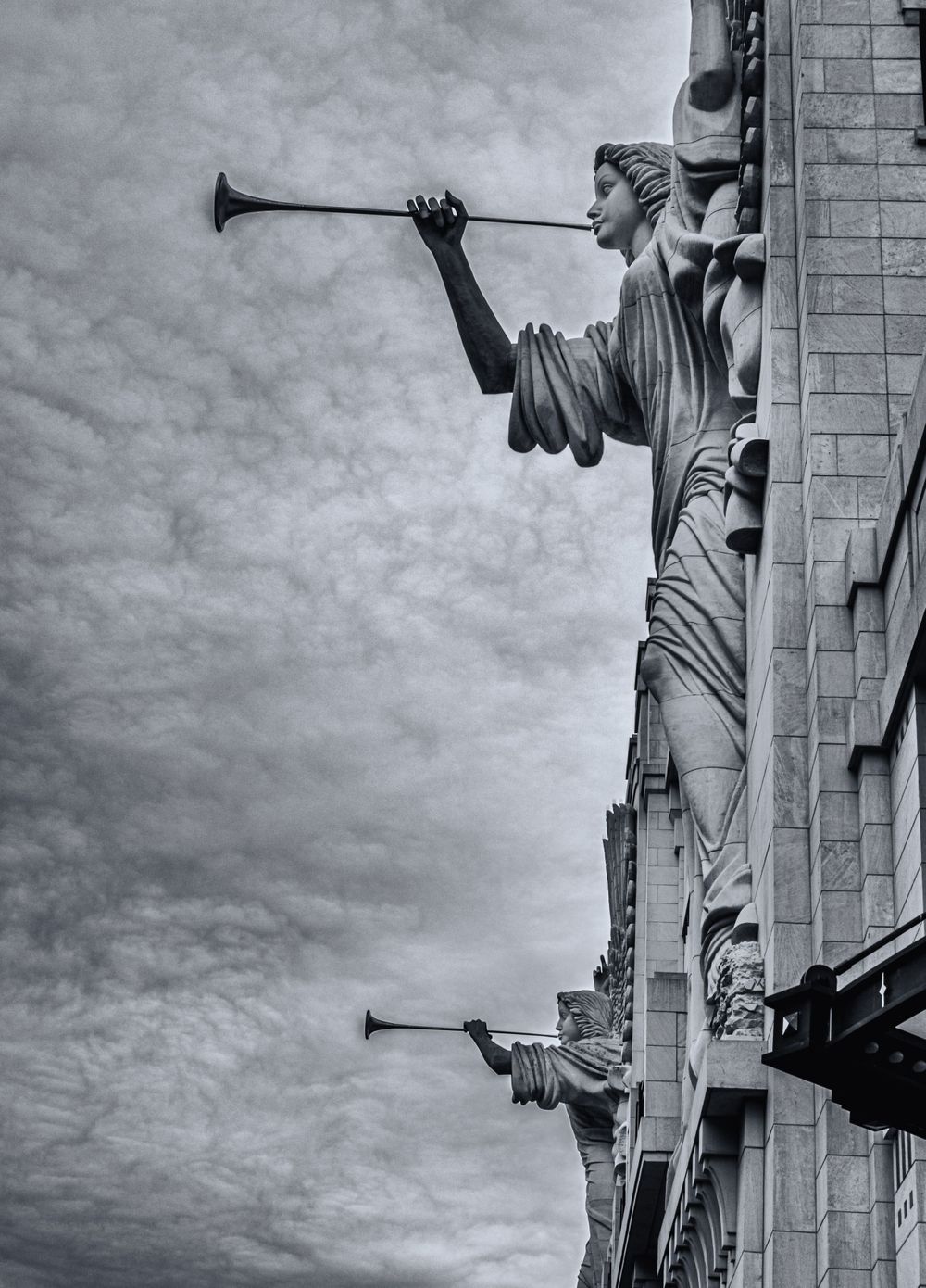 Stone angel sculpture on Bass Hall in Fort Worth, Texas