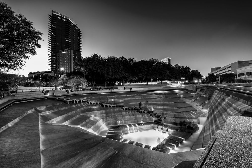 Water Gardens at night in Fort Worth, Texas