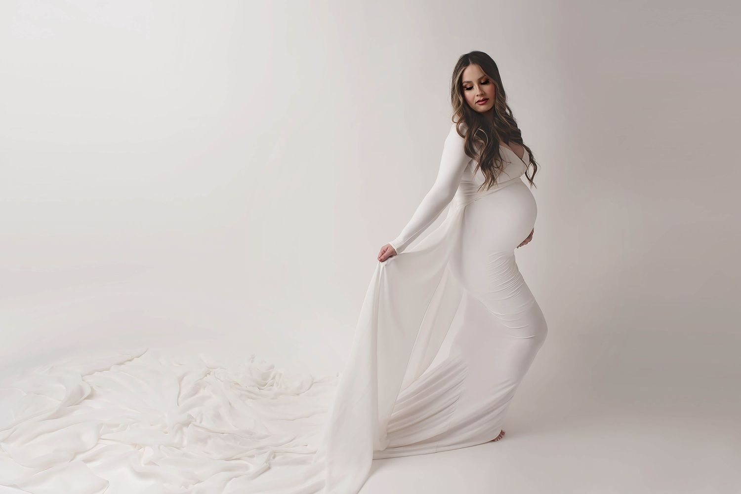 Beautiful White Dress Gown Maternity Mama on white backdrop