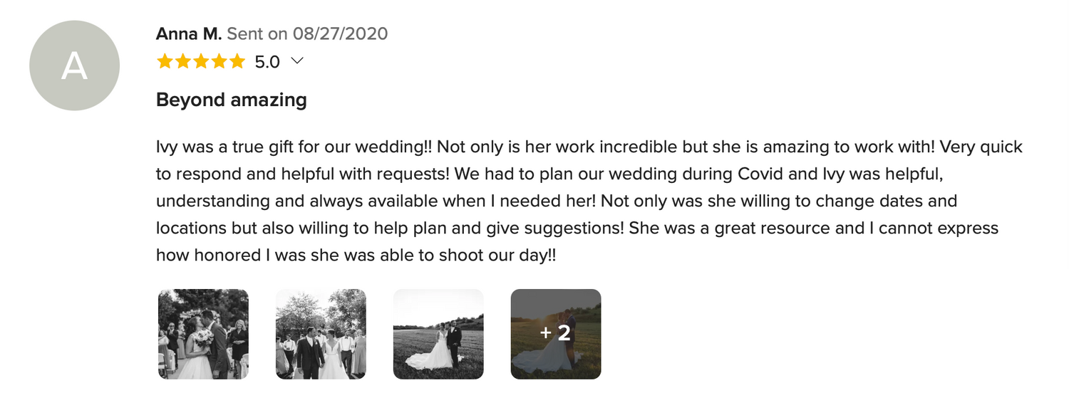 Screenshot of a wedding client review praising photography services.