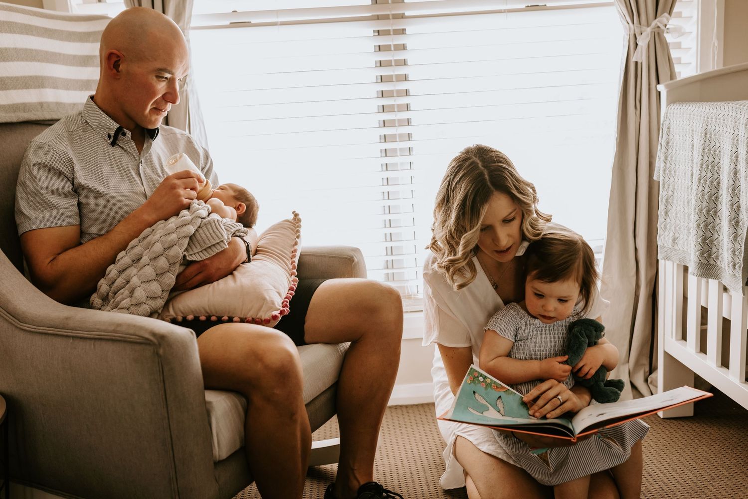 Series of candid family lifestyle moments captured in a bright, neutral-toned room.